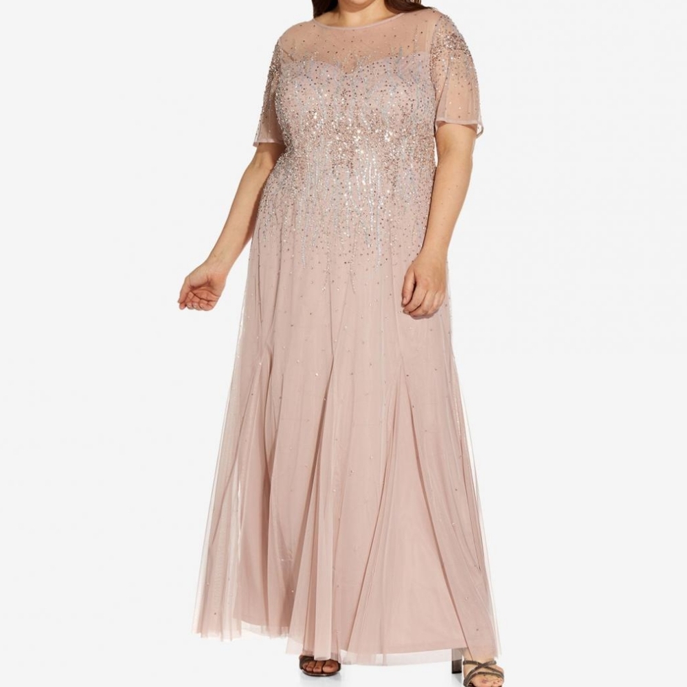NWT Adrianna Papell Beaded Short Sleeve  Gown in Cameo Pink